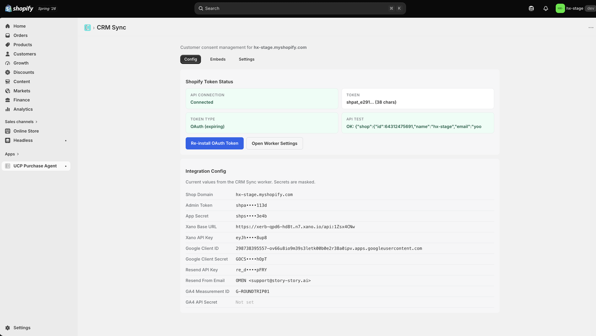 CRM Sync app — consent management in Shopify admin