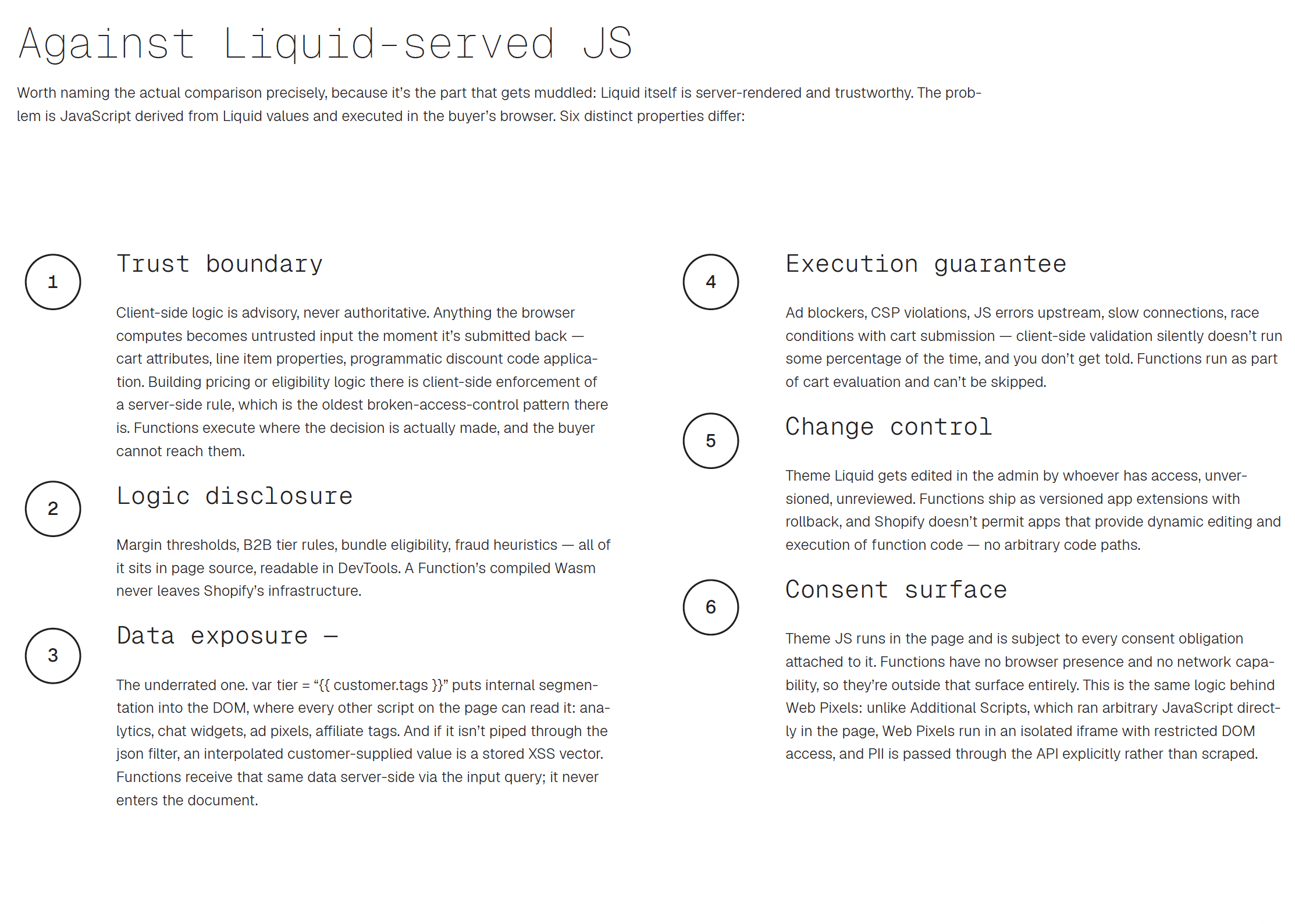 Against Liquid-served JS — six properties that differ between theme JavaScript and compiled Functions: trust boundary, logic disclosure, data exposure, execution guarantee, change control, consent surface.