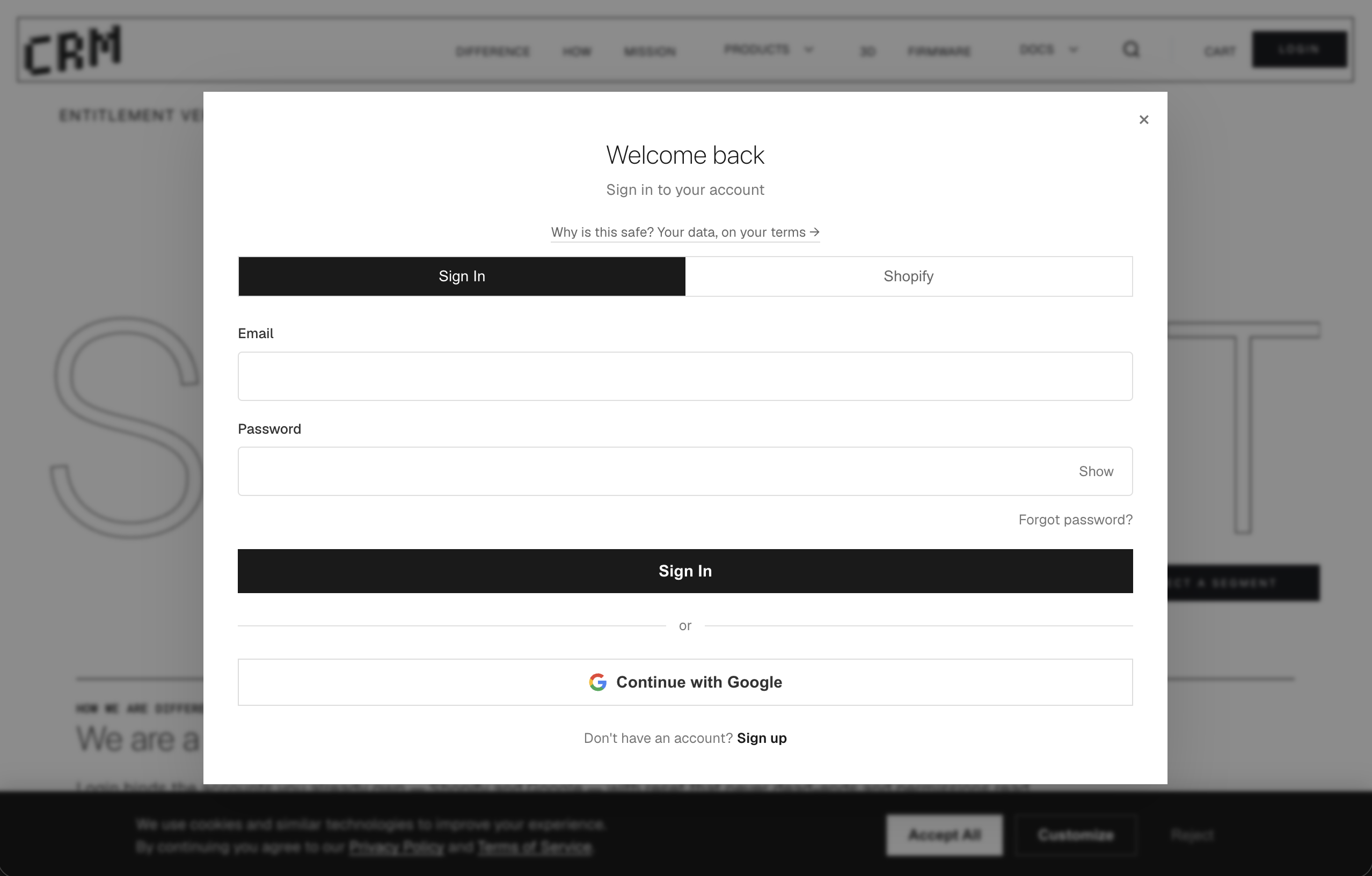 CRM Sync login modal — Sign In / Shopify tabs and Continue with Google