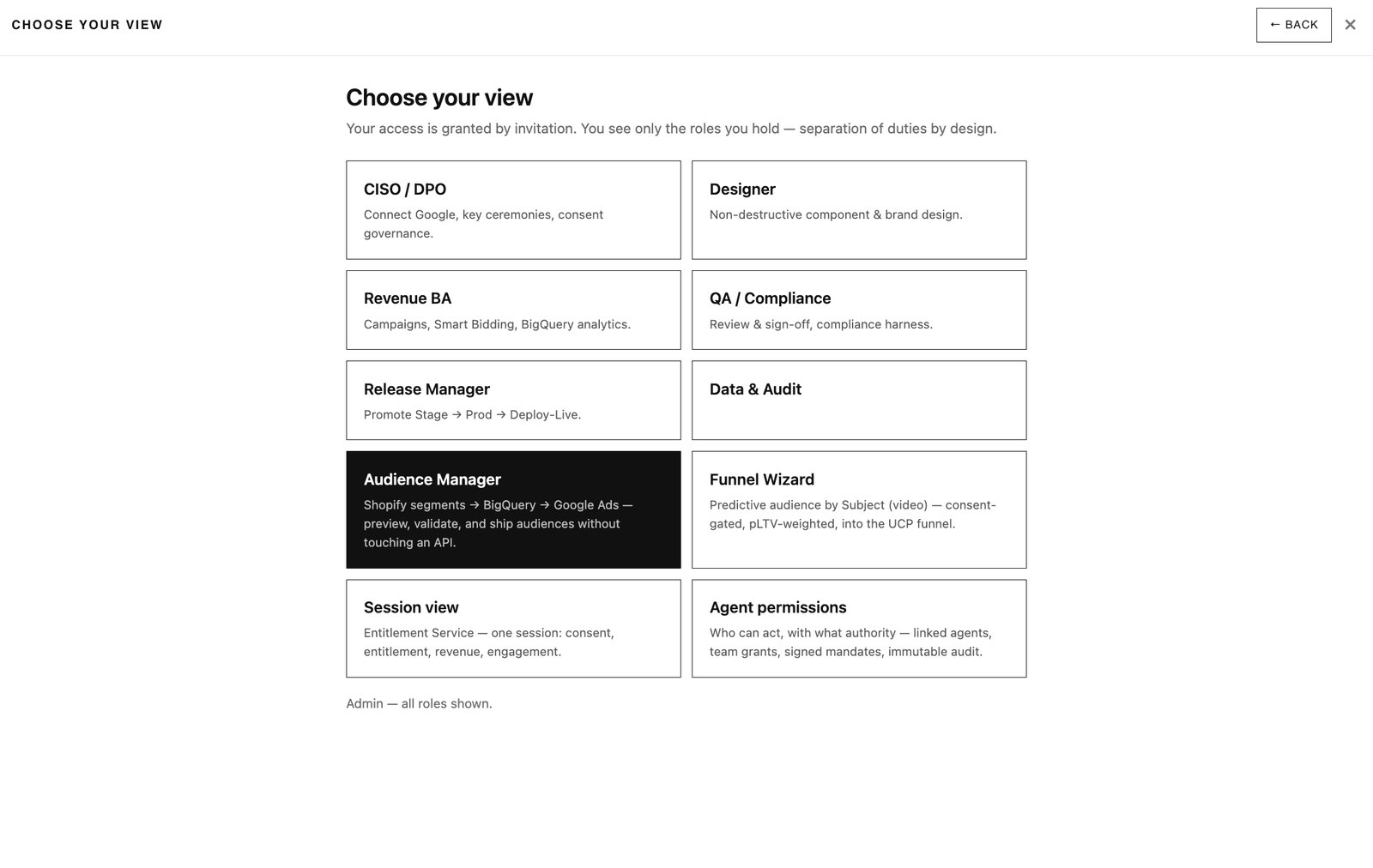A role picker headed Choose your view, listing CISO/DPO, Designer, Revenue BA, QA/Compliance, Release Manager, Data & Audit, Audience Manager, Funnel Wizard, Session view and Agent permissions. Each card names what that role can do.