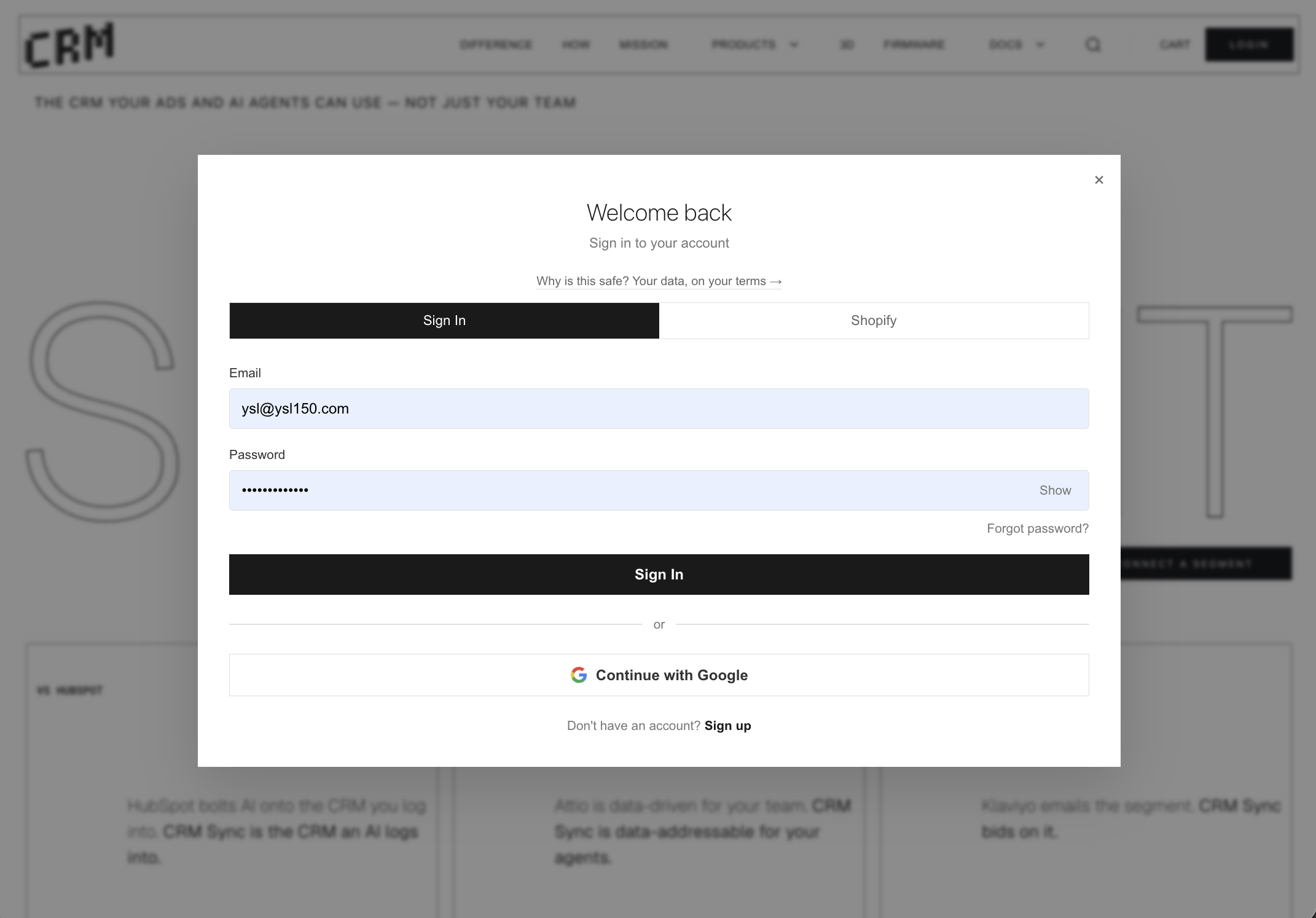 The connected login — Sign In, Shopify, or Continue with Google: three doors, one subject, PII sealed.