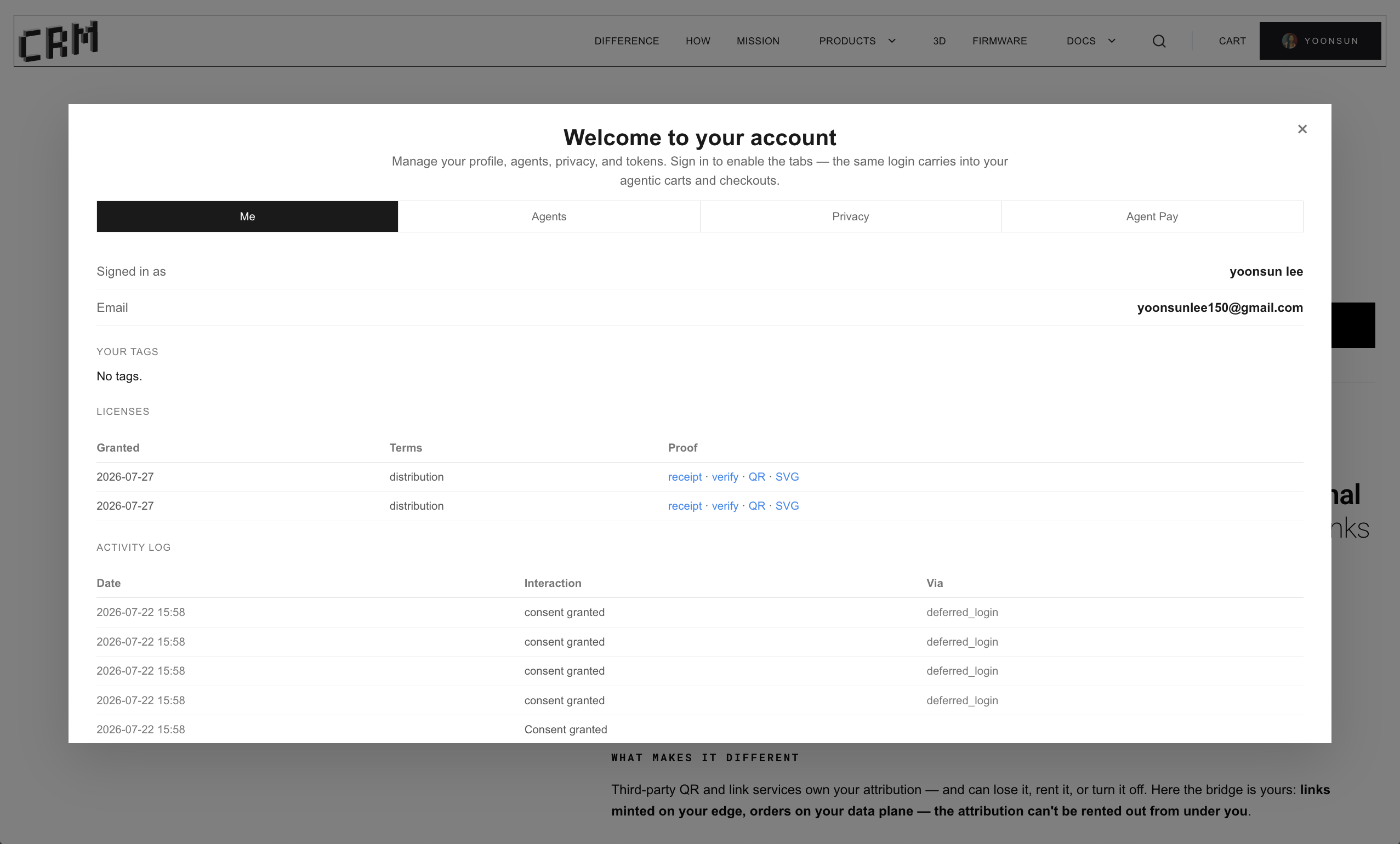 The account Licenses panel: every granted capability listed with its date, terms, and proof — a durable receipt, a public verification link, and a scannable QR certificate an auditor can check without an account