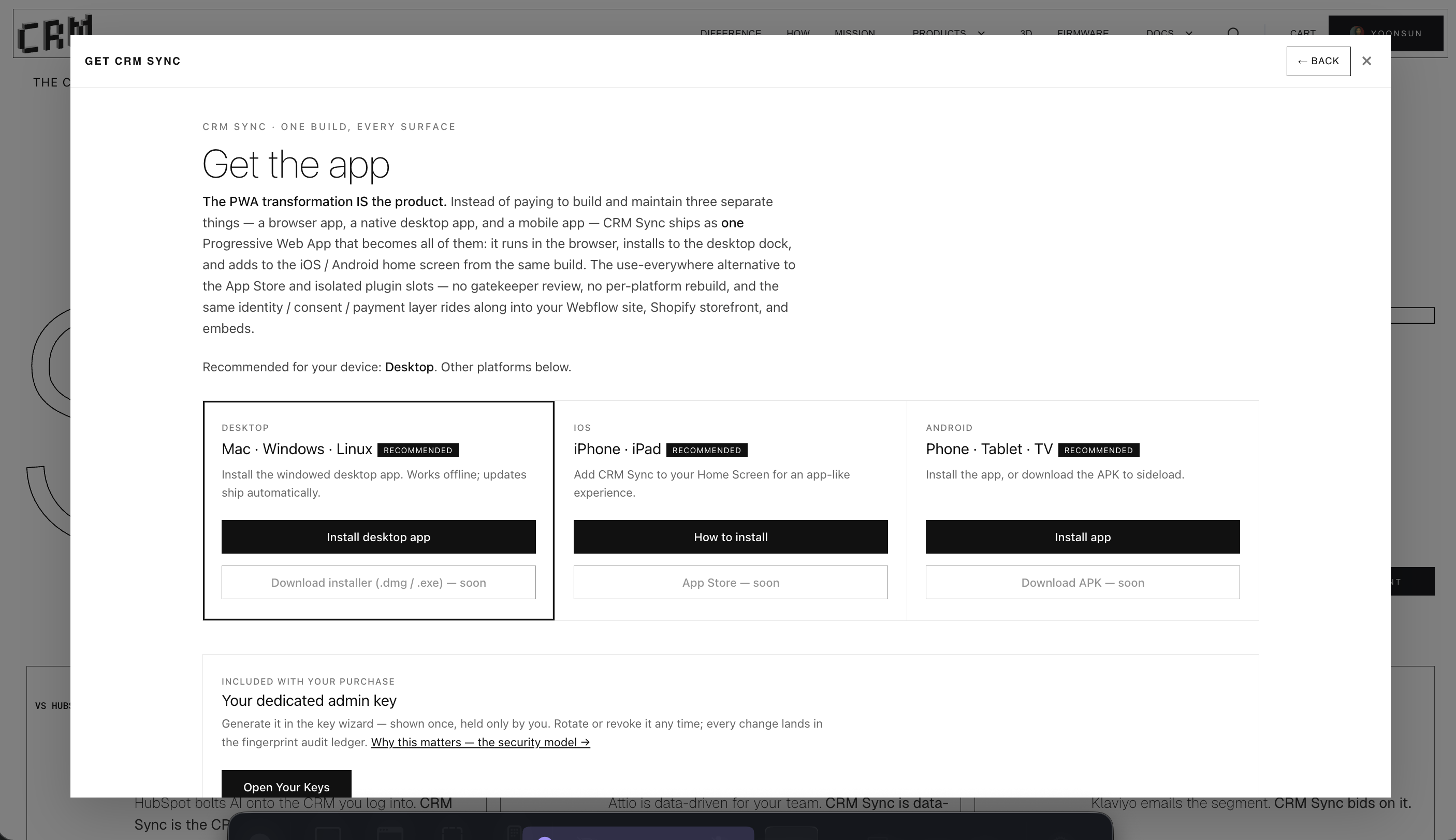 One Progressive Web App installs to the desktop dock, the iOS home screen and Android from a single build — no app-store review, no per-platform binary, and nothing for endpoint management to package