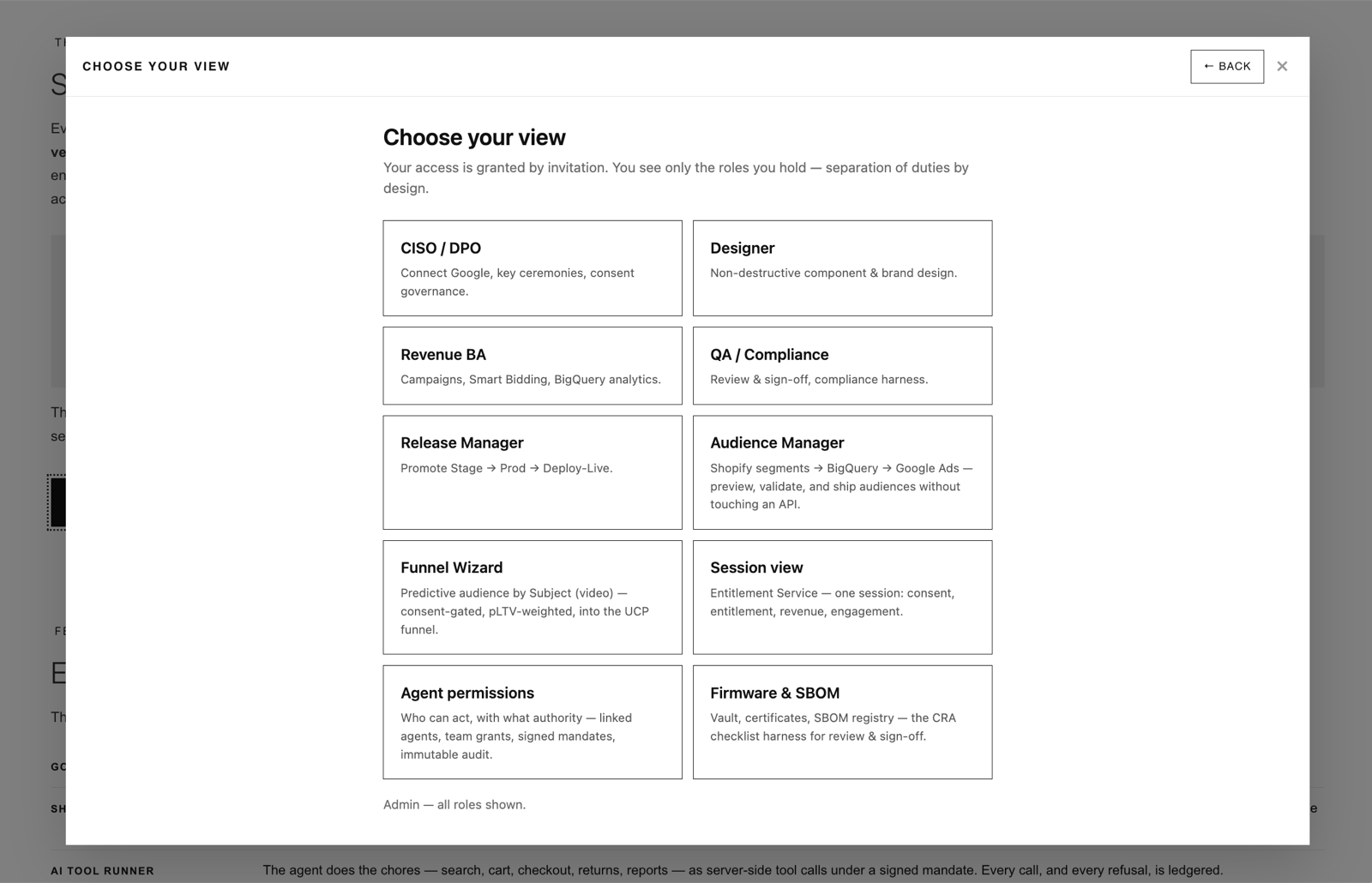 Choose your view — the persona selector: CISO/DPO, Designer, Revenue BA, QA/Compliance, Release Manager, Audience Manager, Funnel Wizard, Session view, Agent permissions, Firmware & SBOM