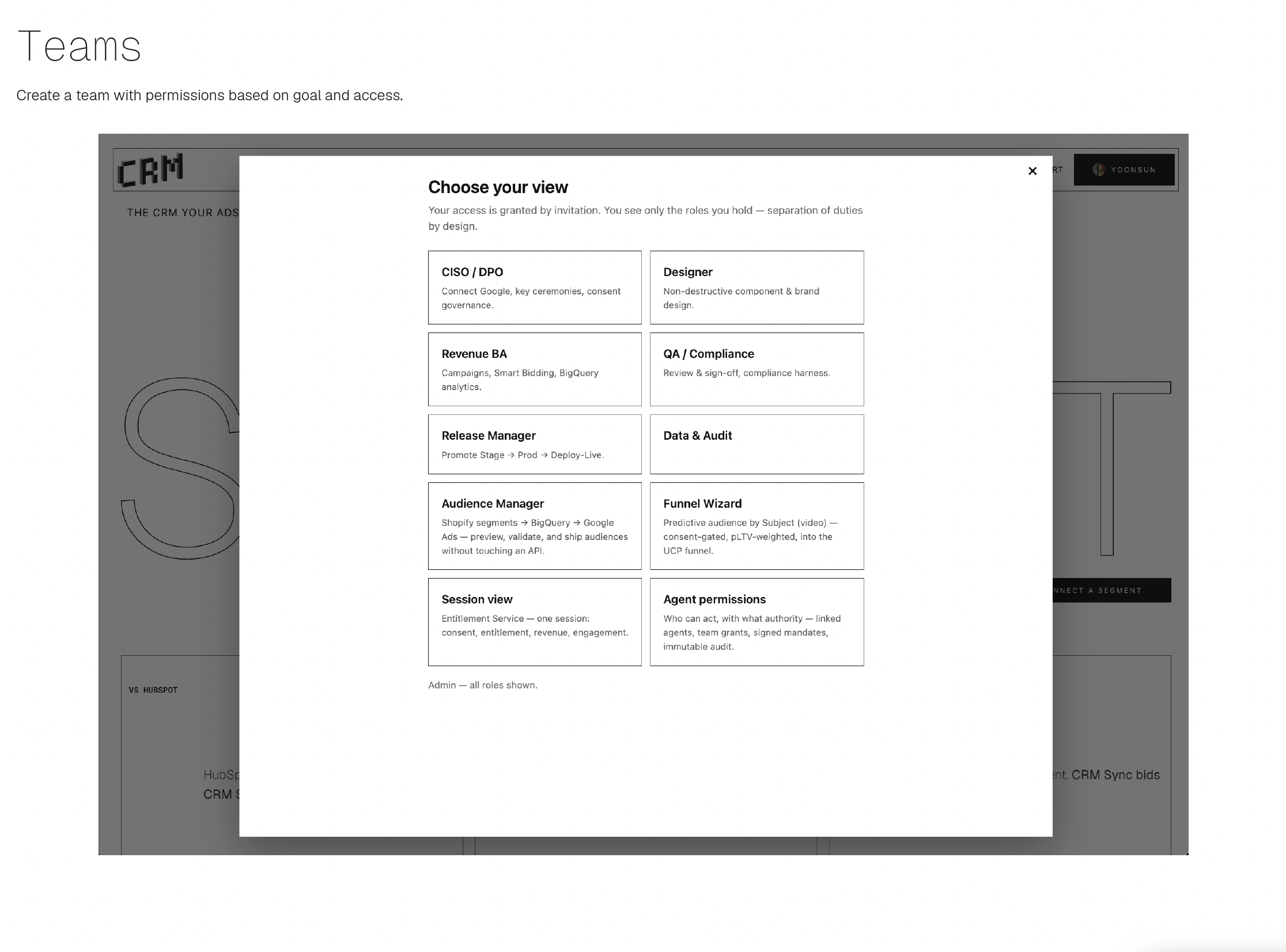 Beat 2 — Who uses this? Choose your view: access granted by invitation; you see only the roles you hold — CISO/DPO, Designer, QA/Compliance, Release Manager, Data & Audit, Agent permissions.
