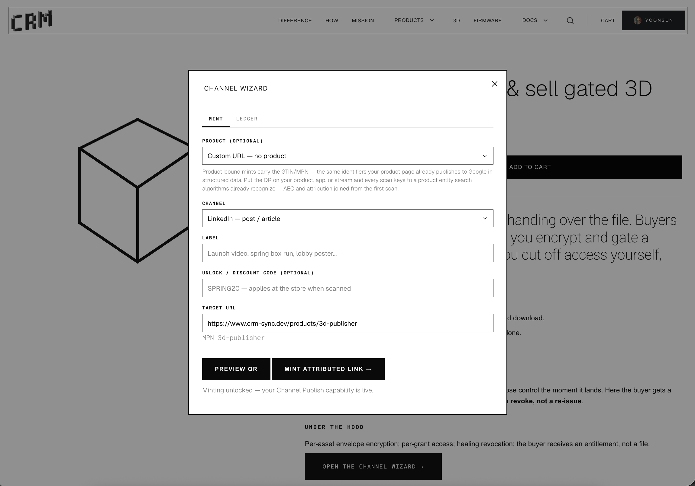 The Channel Wizard open on a product page, minting an attributed link bound to that product's MPN — preview the QR free, mint it with the Channel Publish add-on
