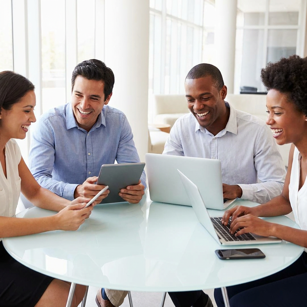 A team working together at a modern glass table