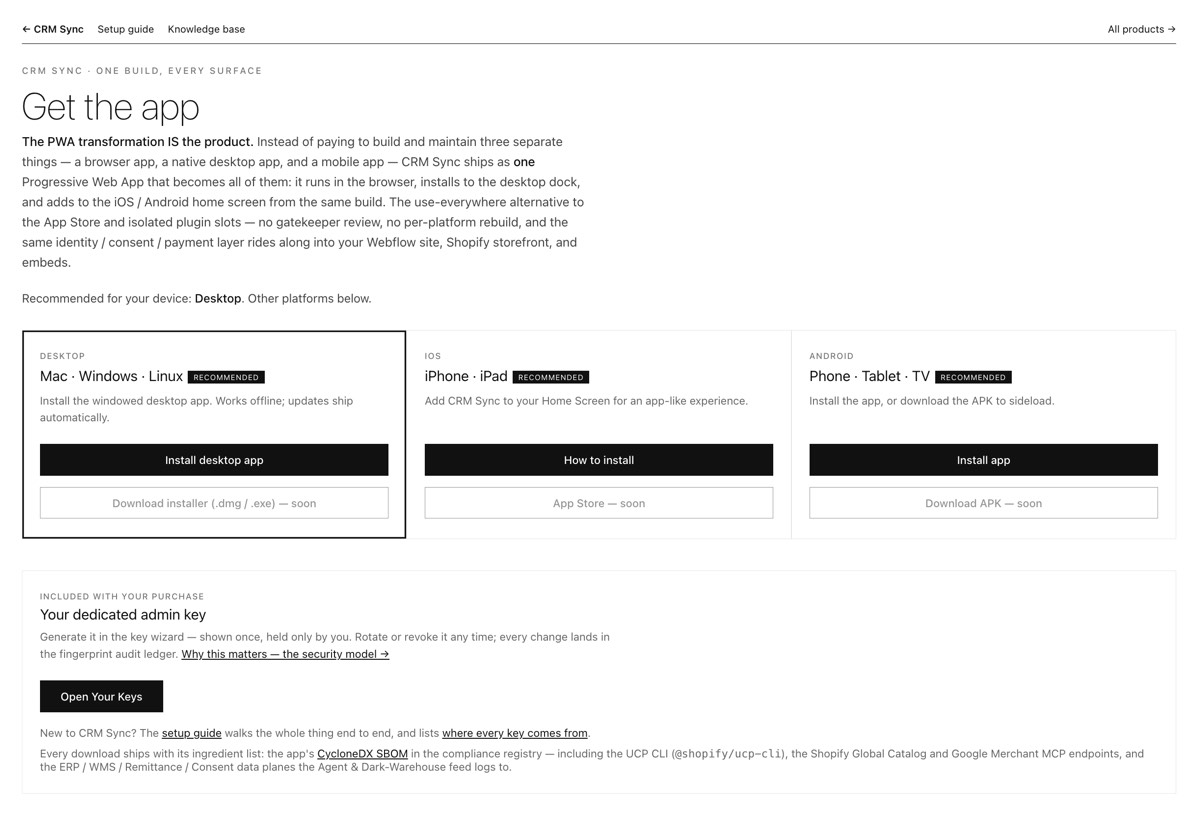 The Get-the-app page: one PWA installing to desktop, iOS, and Android